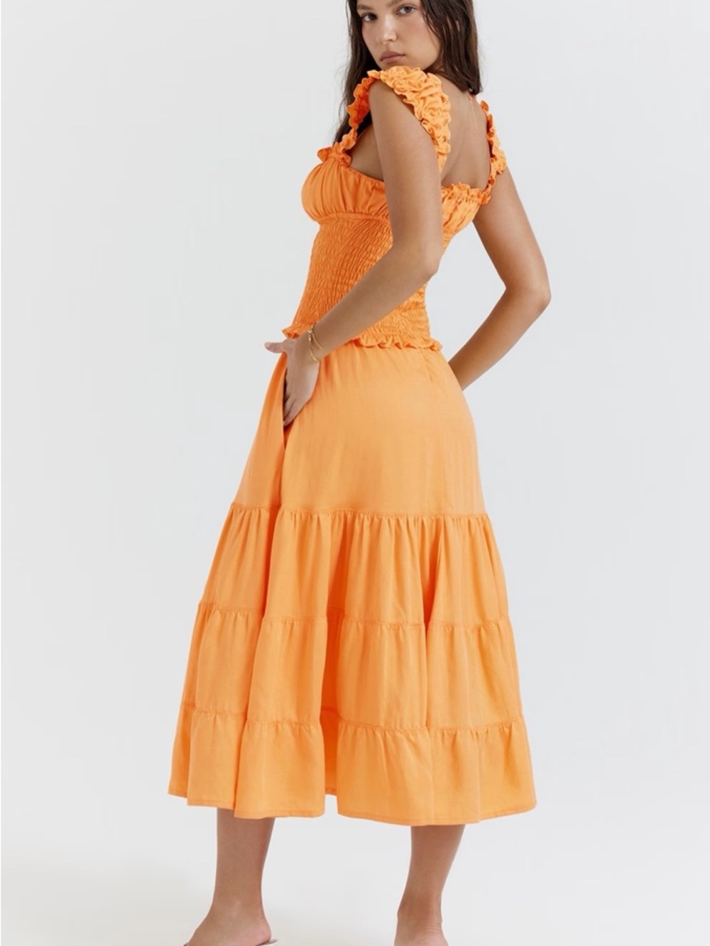 House of CB Orange Tiered Smocked Midi Dress - Picture 2 of 5